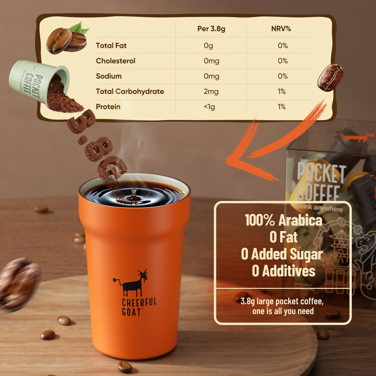 CheerfulGoat Instant Cold Brew Coffee – 100% Pure Arabica, Freeze-Dried for Ultimate Freshness, No Sugar, No Additives, Low Acid, Smooth & Rich, Healthy for Iced & Hot Coffee, Home Outdoor,30 Servings