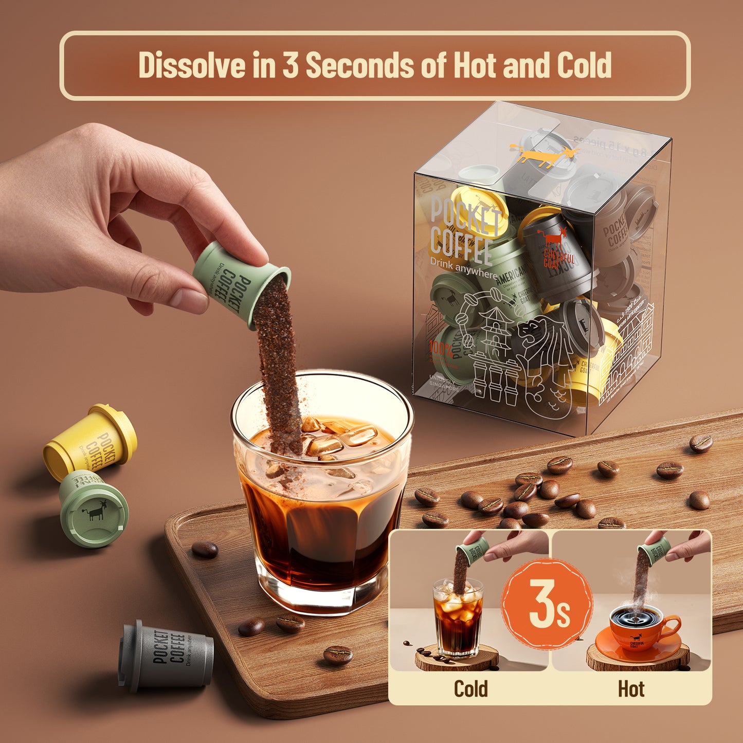 CheerfulGoat Instant Cold Brew Coffee – 100% Pure Arabica, Freeze-Dried for Ultimate Freshness, No Sugar, No Additives, Low Acid, Smooth & Rich, Healthy for Iced & Hot Coffee, Home Outdoor,30 Servings